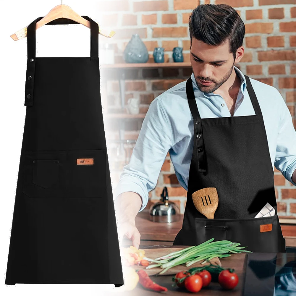 

Solid Color Adjustable Bib Apron Waterproof Stain-Resistant with Two Pockets Kitchen Chef Baking Cooking BBQ Halter Apron