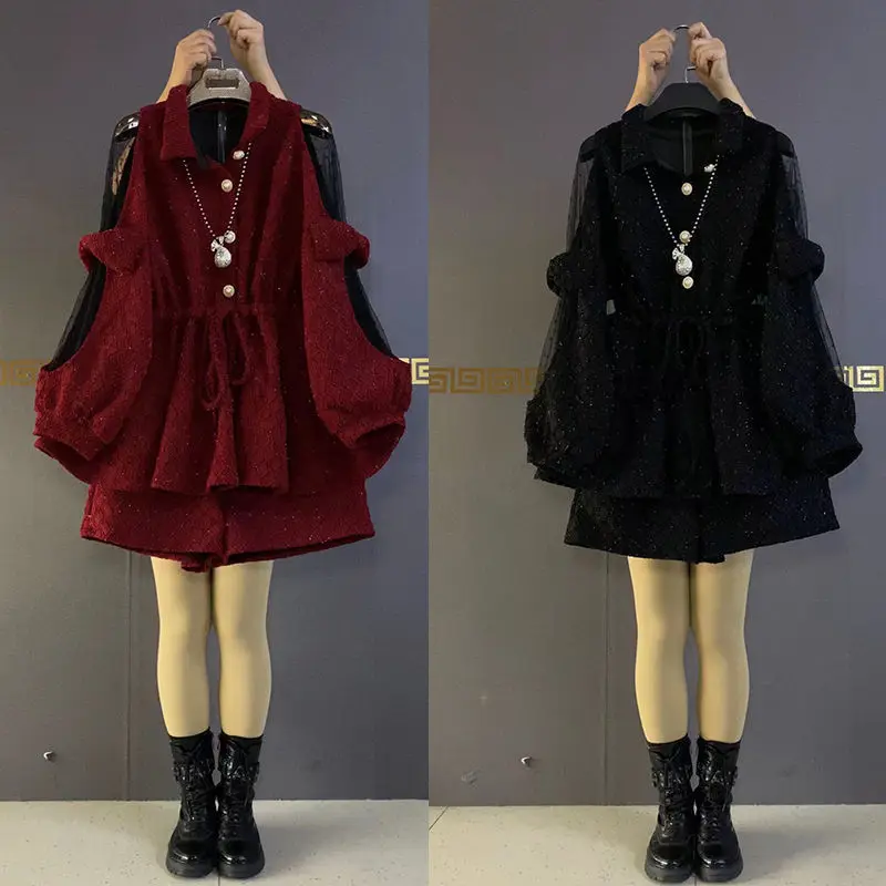 Oversized Women's Autumn Set 2023 New Waist Shrinking and Age Reducing Design Sense Long Sleeve Shorts Two Piece Set Fashion