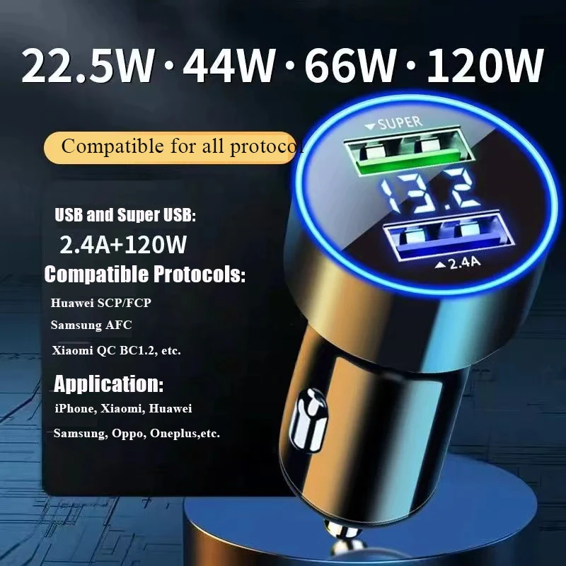 120W Dual USB Car Chargers Fast Charging Adapter With Digital Display Heat Resistance For iphone 14 13 Samsung Huawei In car