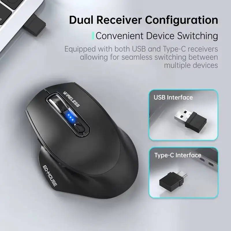 새로운 인체공학적 트라이 모드 마우스 유선+2.4G+블루투스 타입-C 충전 LED 디스플레이 PC 노트북 게임용 사일런트 클릭 사무용 액세서리
