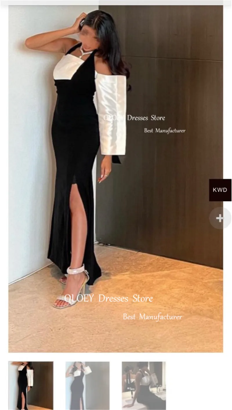 

OLOEY Saudi Arabic Women Black And White Mermaid Evening Dresses One Shoulder Long Sleeve Split Ankle Length Prom Gown Party