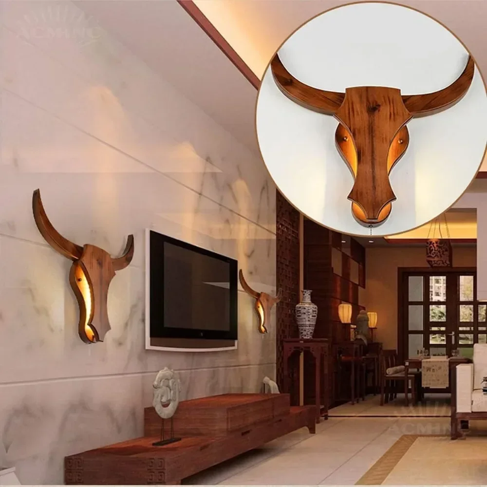 Vintage Wall Sconce Lamp 3 Color Temperatures Retro LED Industrial Wall Light Wood -Wall Sconce Lamp Ox Head Shape for Home Bar