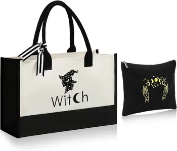 2Pcs Halloween Canvas Tote Bag for Women Moon Witch Zipper Pouch Bag Goth Makeup Bag Witch Witchy Handbag Gift for Coven Woman 1