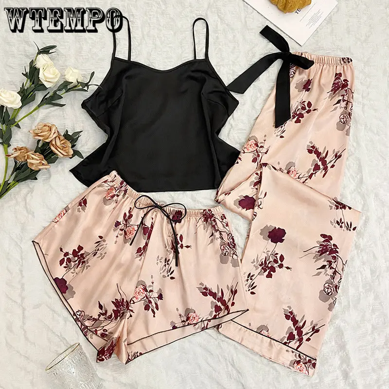 

Ice Silk Pajamas Set Women Sexy Casual Home Suit Tank Top Printed Loose Shorts and Pants Sleep Wear Three Piece Set Dropshipping