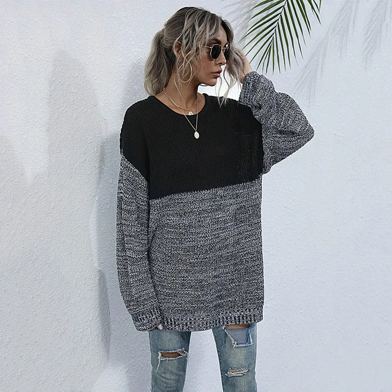 

2023 New Autumn/Winter Mid length Sweater Loose Pullover Slouchy Contrast Color Knitted Shirt for Women