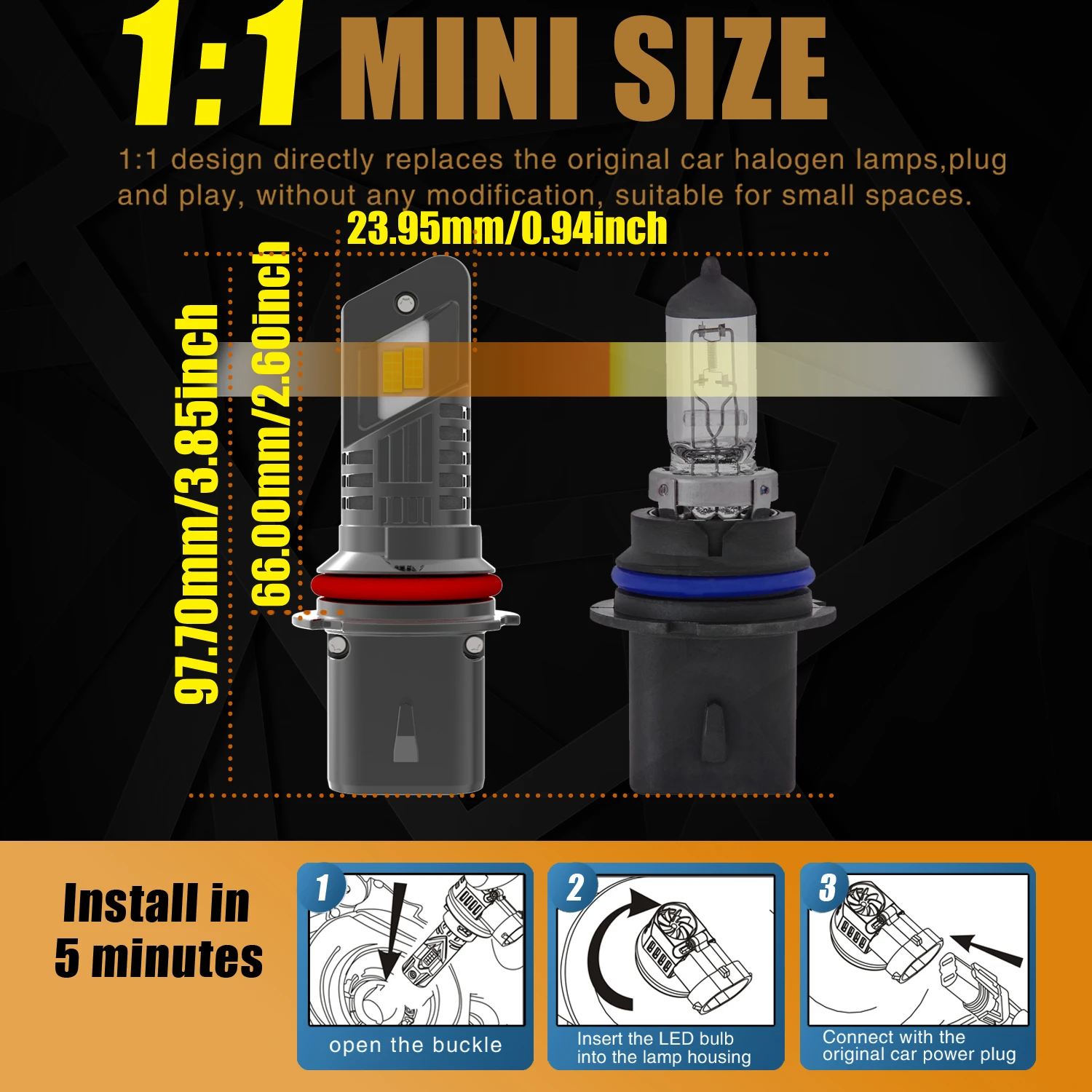 2개 HB5 9007 PX29T 고출력 캔버스 LED 헤드라이트 전구 강력한 자동차 터보 다이오드 화이트 안개등 어댑터 불필요 하이/로우 빔