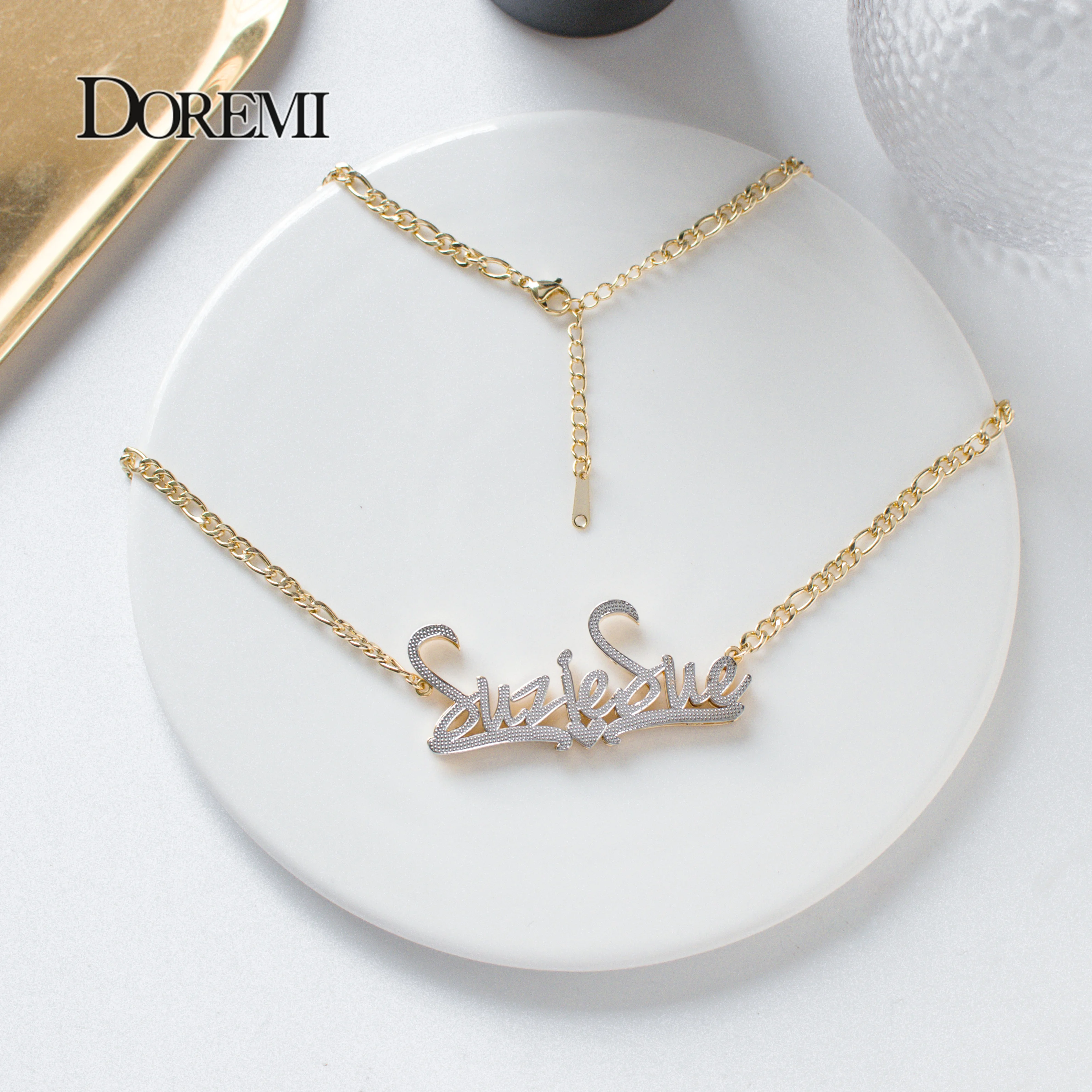 DOREMI 2 Toned 304 Stainless Name Necklace Heart Nameplate Personalized Pendant Double Layer Custom Jewelry Valentine's Day Gift
