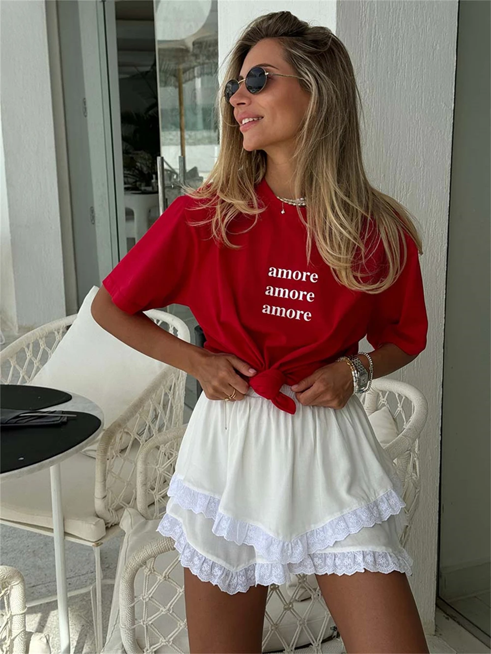 Red Oversized T-Shirt with Amore Amore Amore Print Women's T-Shirt Cotton Simple Design Summer Fashion Tee Boutique Drop Sleeve 3