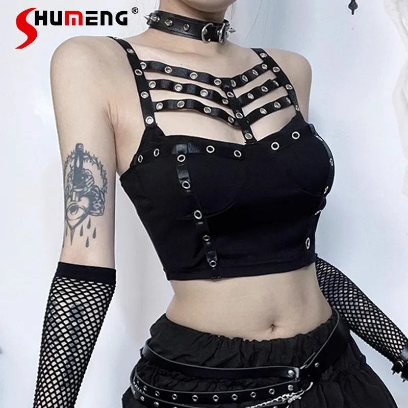 

2024 Summer New Japanese Rojita Punk Hot Girl With Braces And Breast Pad Y2k Black Cut-out Vest Gothic Tight Top Black Camisoles