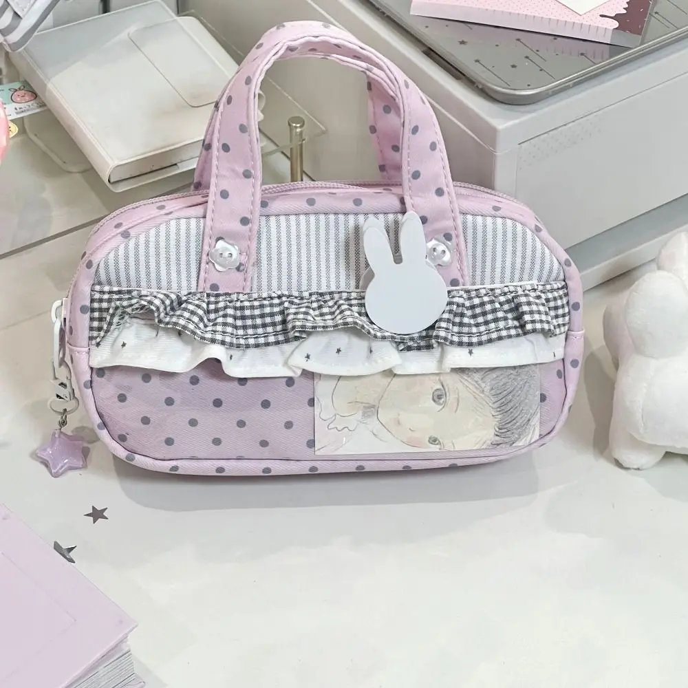 핑크 폴카 도트 체크무늬 연필 케이스 휴대용 다중 수납 펜 가방 대용량 투명 이타백 문구 가방