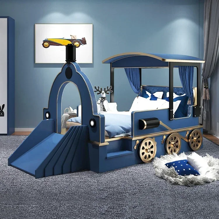 Luxury Children Bedroom Furniture Sets Double Bed Simulation Car Modeling and Slide Design Solid Wood Kids Bed Blue for Boy