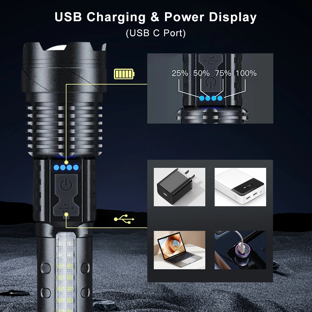 Zoomable Super Bright Flashlight 30W 7Mode COB LED Tactical Flashlight Portable Rechargeable Outdoor Lamp Built in Battery 3