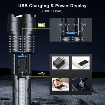 Zoomable Super Bright Flashlight 30W 7Mode COB LED Tactical Flashlight Portable Rechargeable Outdoor Lamp Built in Battery 3