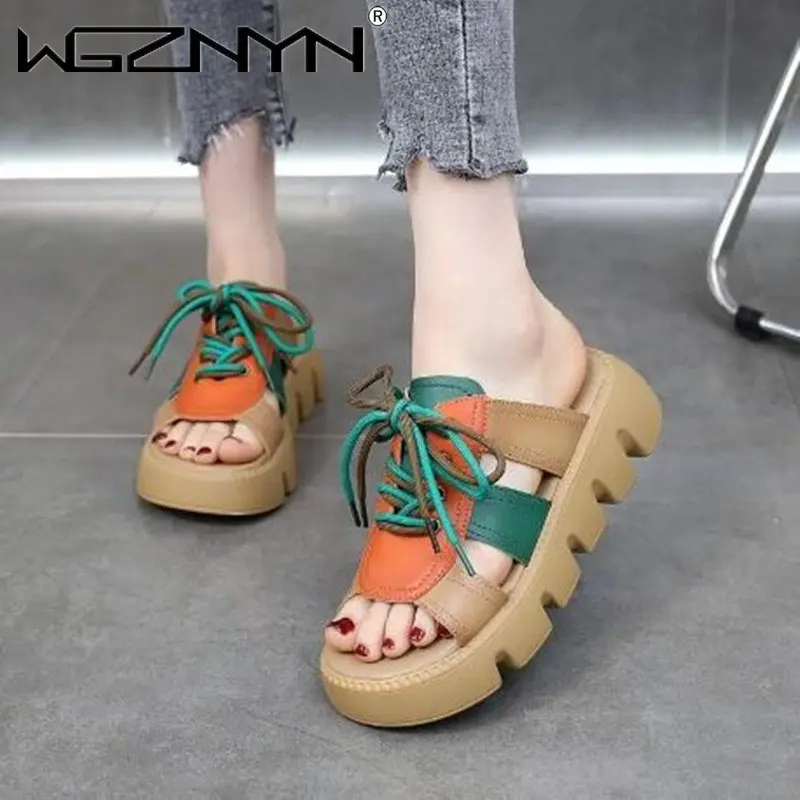 

Fashion Designe Premium Spell Color Lace-up Summer Women Slippers 2023 New Outer Wear Slippers Heightened Sandals Platform Shoes