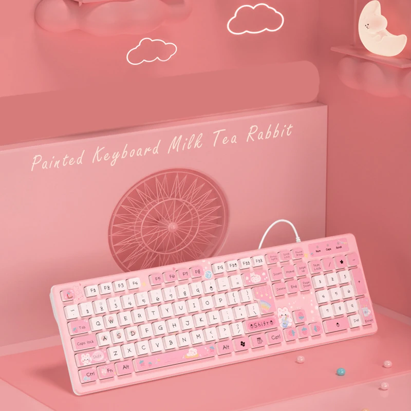 Teclado com Fio Kawaii para Meninas Chá com Leite Coelho Rosa Chocolate sem Fios Coloração Criativa - Imagem 4