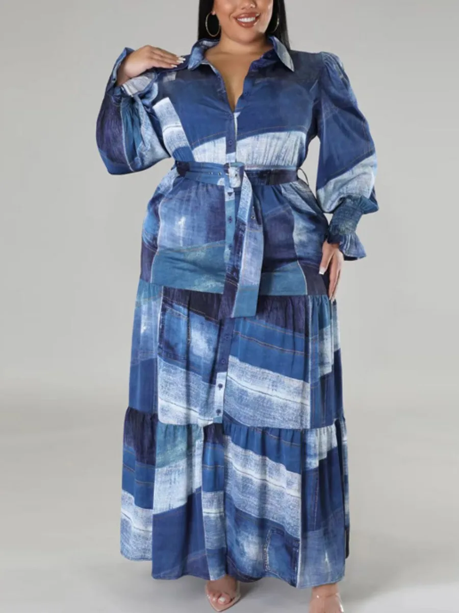 

LW Elegant Fall Maxi Dresses Imitation Denim Ruffle Bandage Design Shirt Dress Puff Sleeve Color Contrast A Line Dress With Belt