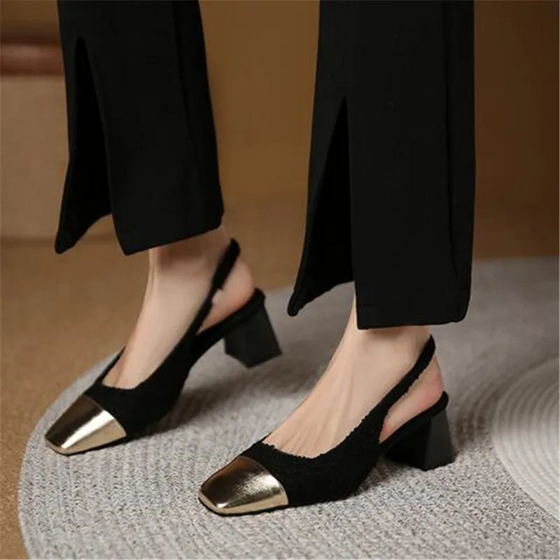 New Baotou Sandals Women Summer Retro Fashion 2023 Pointed Thick-heeled Low-heeled Small Single Shoes 44566