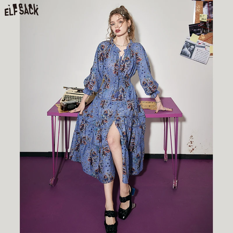 

ELFSACK Blue French Floral Dresses Women 2023 Spring/Summer Waist Long Sleeve Daily Dress