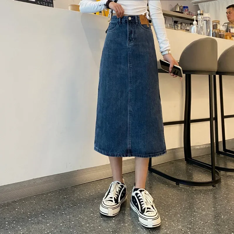 mishow basic vintage blue jeans for women 2023 summer straight high waist pockets casual thin denim full length pants mxc37k0093 High Waisted Side Split Denim Bustier Dress Female Mid Length with Pockets Even Blue A Line Skirt for Women