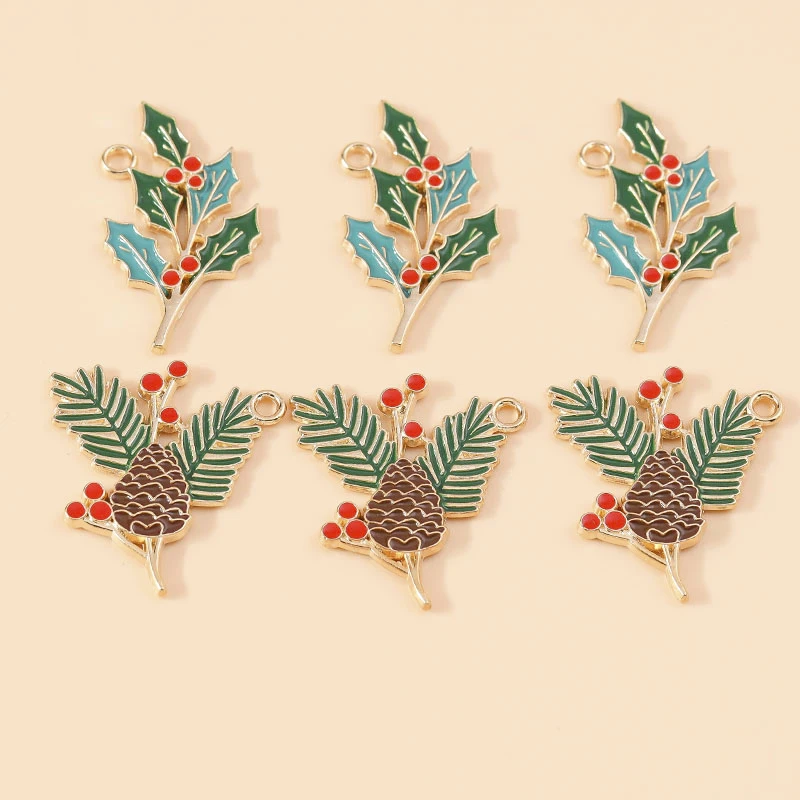 Leslie 10 stücke Weihnachts baum rote Tannenzapfen Blatt Zweig Charme für Schmuck machen Emaille Halskette Ohrring Anhänger DIY Zubehör