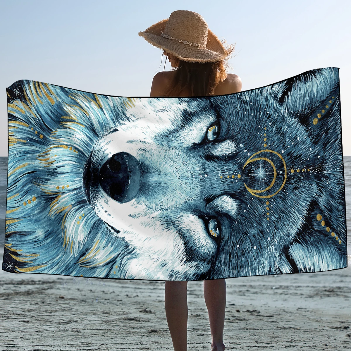 BeddingOutlet Wolf Bath Towel Bathroom Microfiber Large Beach Towels Native Tribal Animal Watercolor Shower Towel 75x150cm
