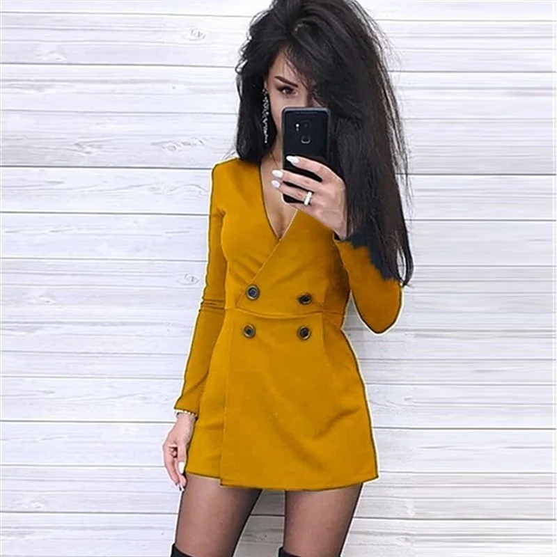 Autumn and Winter Women V-Neck Short Skirt Suit Fashion Jumpsuit Slim Fit Autumn and Winter Long Sleeve Dress