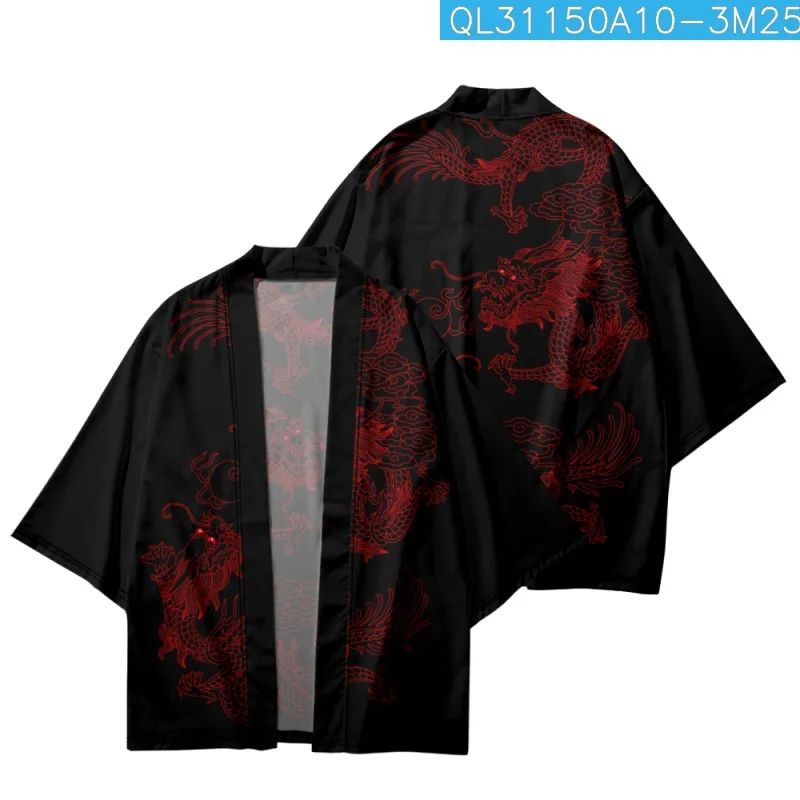Summer Couple Women Men Japanese Streetwear Red Chinese Dragon Printed Black Kimono Beach Shorts Traditional Cardigan Yukata