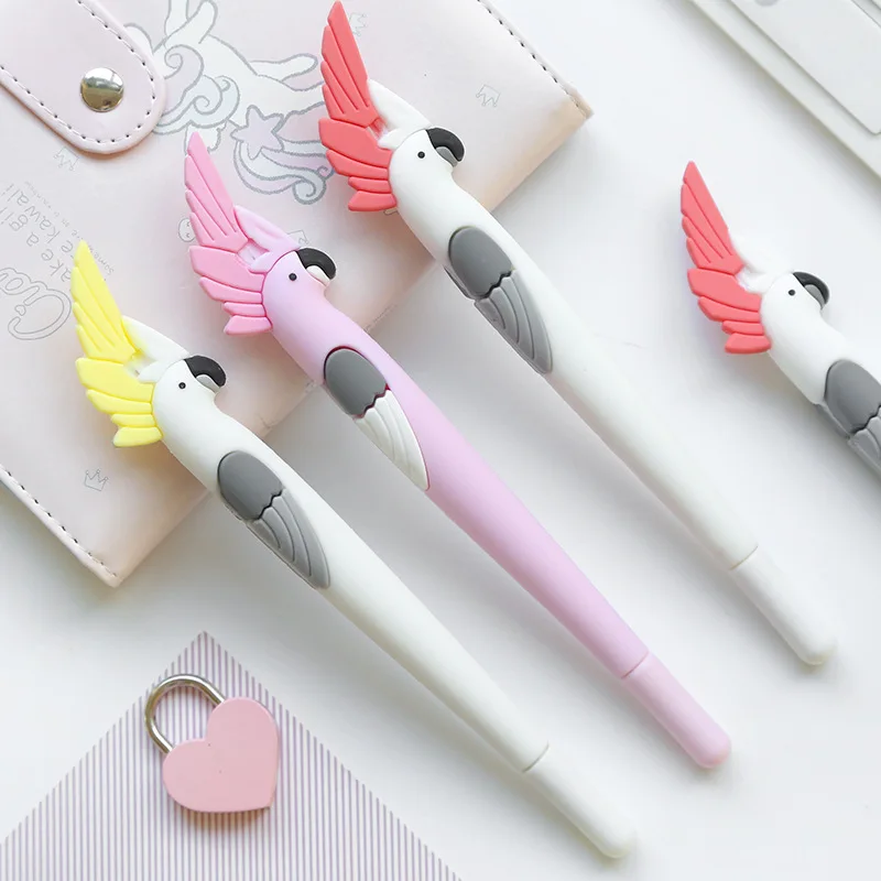 48pcs-online-red-stationery-cute-cartoon-creative-students-use-small-fresh-soft-plastic-stick-crown-parrot-neutral-pen-pen-pen