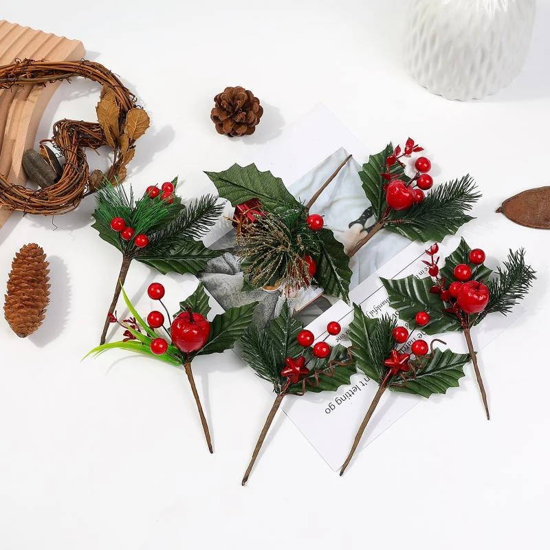 Fleurs artificielles rouges de Noël, pommes de pin, branches, sapin de Noël, décorations de Noël, décoration intérieure, ornements du Nouvel An 2025, cadeaux_voghion.com