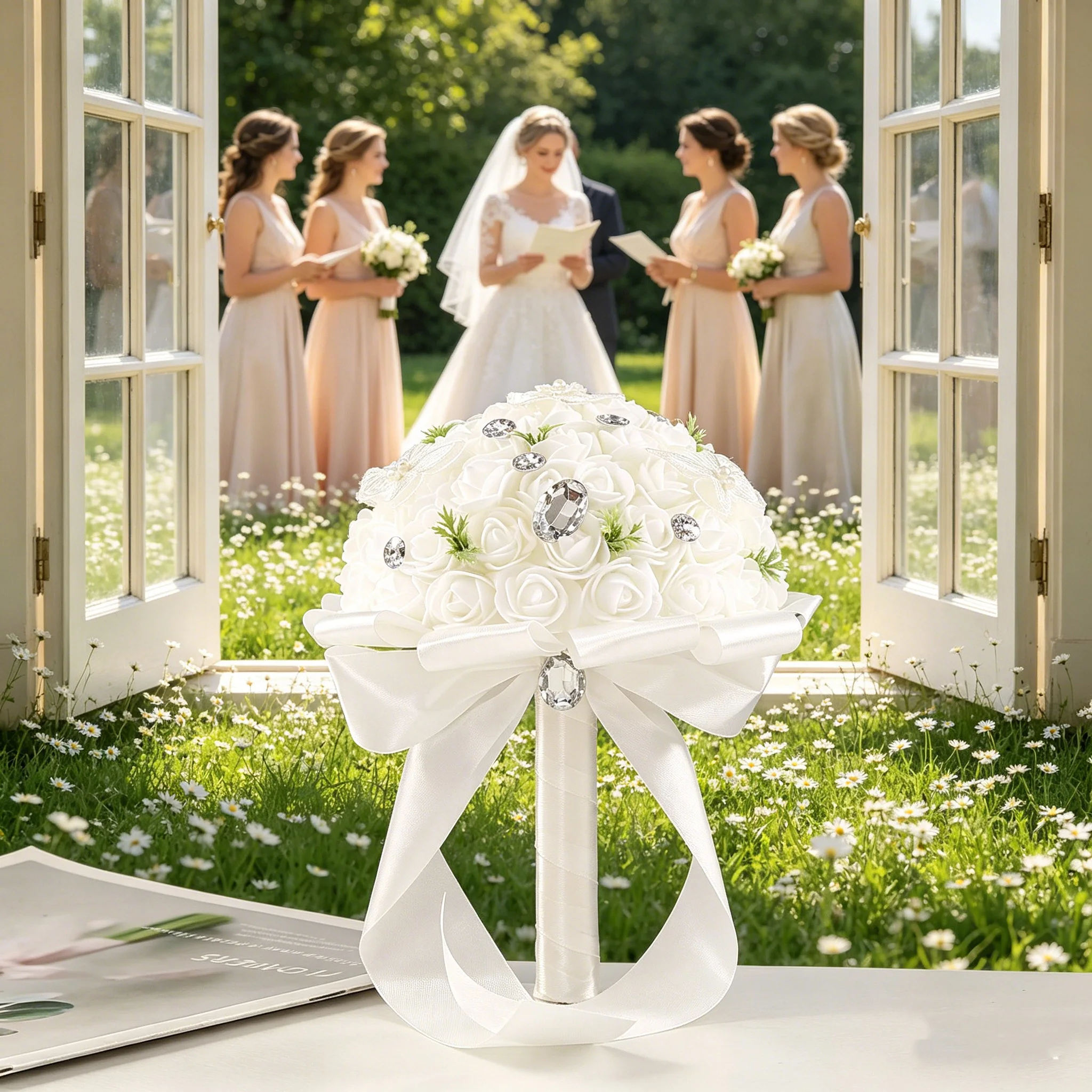 Bouquet da Sposa Classico con Rose, Stile Senza Tempo, Versatile per Vari Scenari Nuziali, Essenziale - Image 2