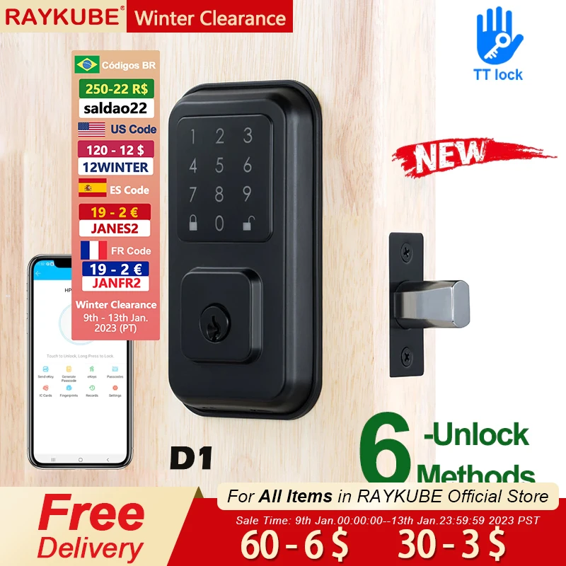 Raykube Cerradura Inteligente con Contraseña para el Hogar, de Seguridad, Mando a Distancia, Tarjeta IC, Bluetooth, Biométrica, Electrónica, Autobloqueo, TT| | -