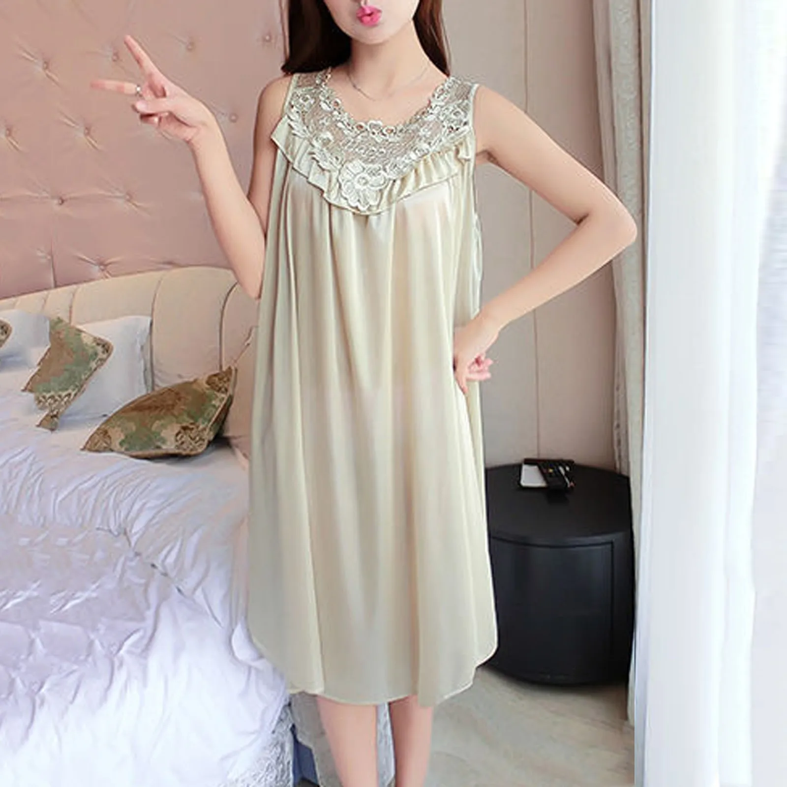 

Women Nightgowns Satin Lace Sleepwear Casual Solid Nightwear Sleeveless Round Neck Sleeping Dress Pullover Loose Pajamas Dresses