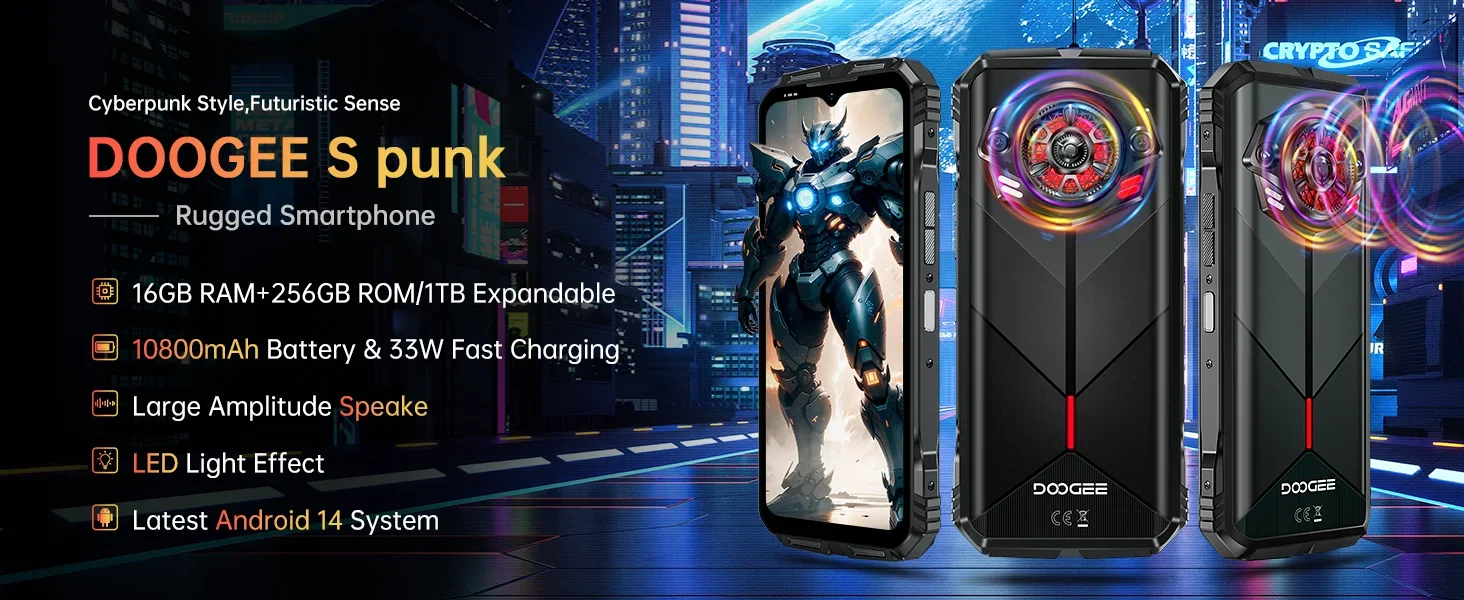 DOOGEE S Punk Android 14 6.58" FHD+ IPS Waterdrop Screen 16GB RAM 256GB ROM AI Double Camera (50MP+2MP) 16MP Front Camera