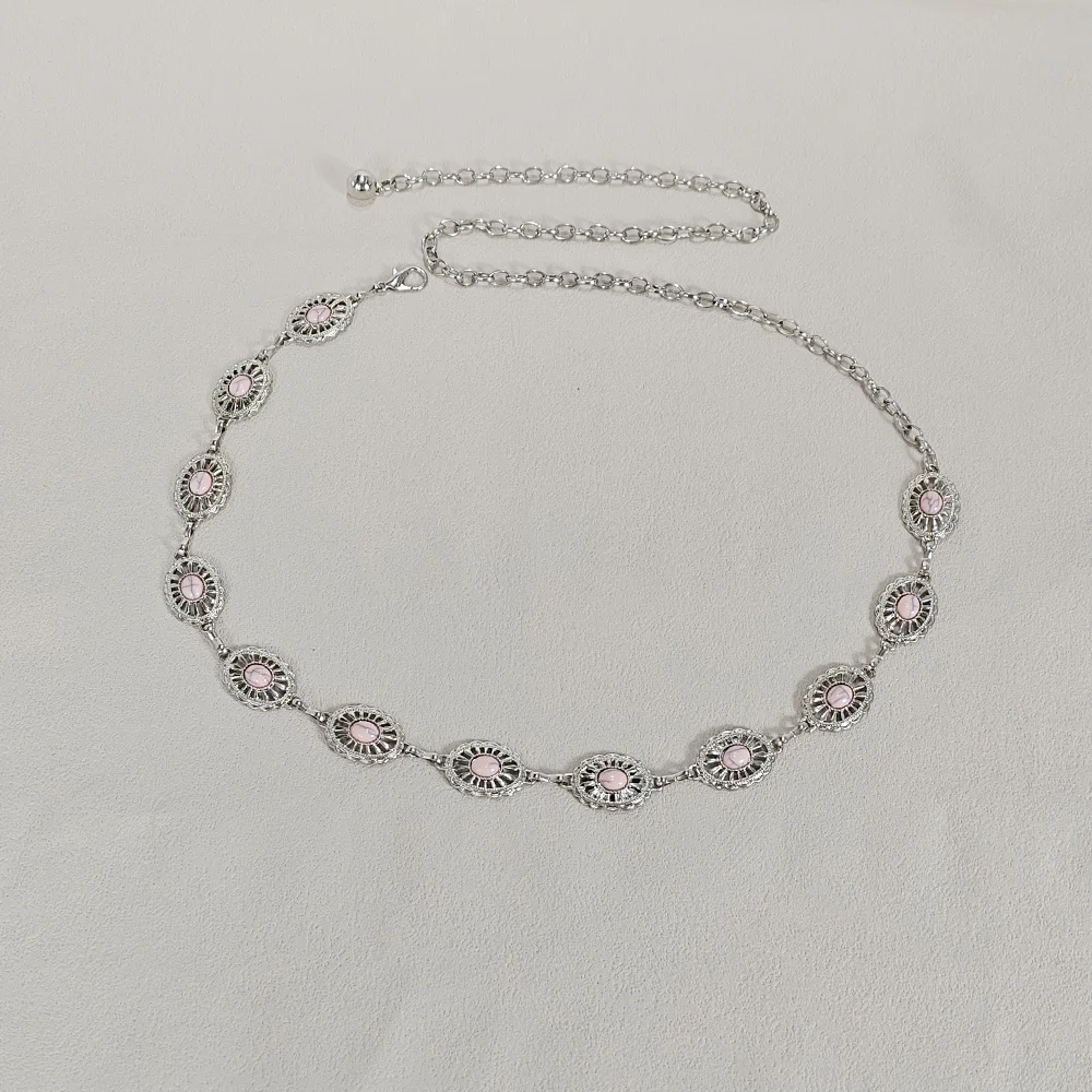 Silver Bohemian Metal Waist Chain Belt with Blue Gemstone Ellipse