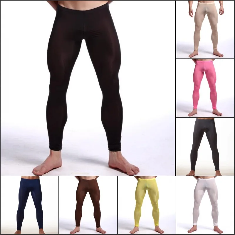 Sexy Mens See Through Ice Silk Ultra-thin Transparent Thermal Leggings Long Johns Lounge Tight Pants Underwear