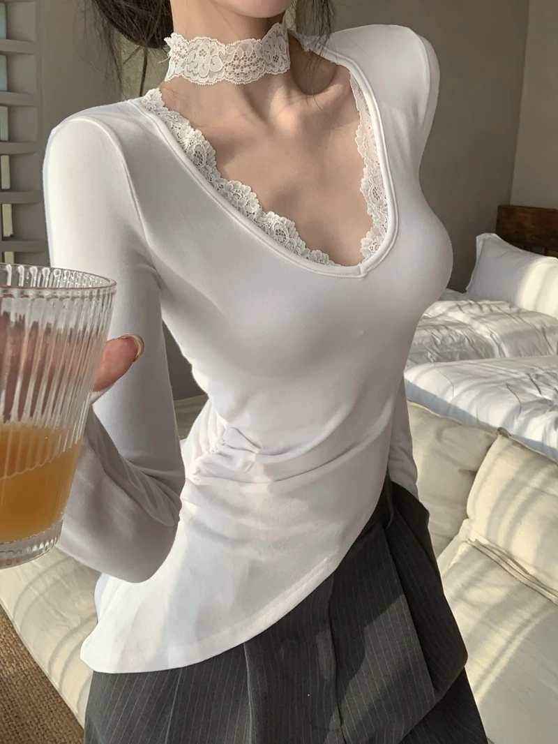 Irregular Lace V-neck Long Sleeved T-shirt For Women Autumn Slim Fit And Slimming Spicy Girls' Short Base Shirt Top