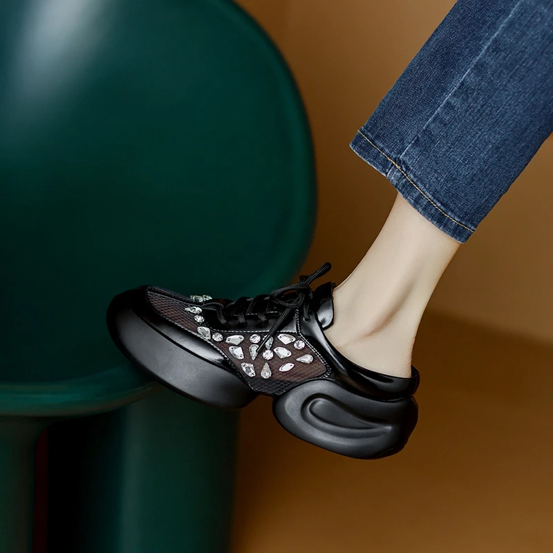 Women's New Spring/Summer Round Head Genuine Leather with Diamond Mesh Thick Sole Breathable Lace up High Heel Sports Shoes