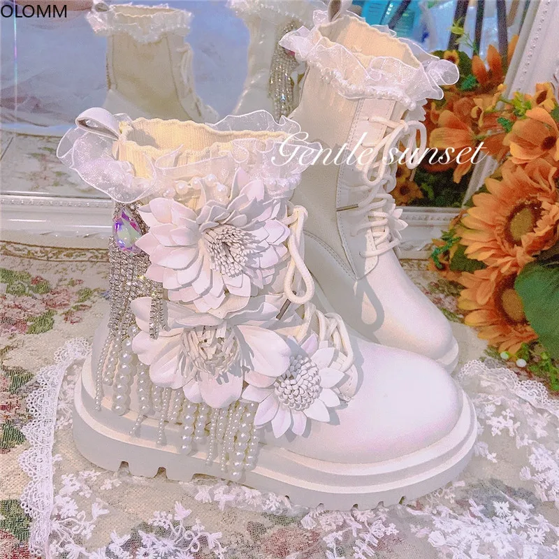 

Ankle boots Flowers Pearls Tassels Womens Round Toe Lace Platform Chunky Heel Shoes White Lolita Sweet Girls Year Gift 2023