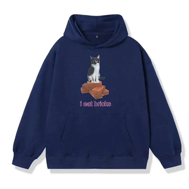 I Eat Bricks Cute Cat Funny Meme Graphic Hoodie Male Fashion Casual Sweatshirt Men Women Clothing Streetwear Oversized Pullover