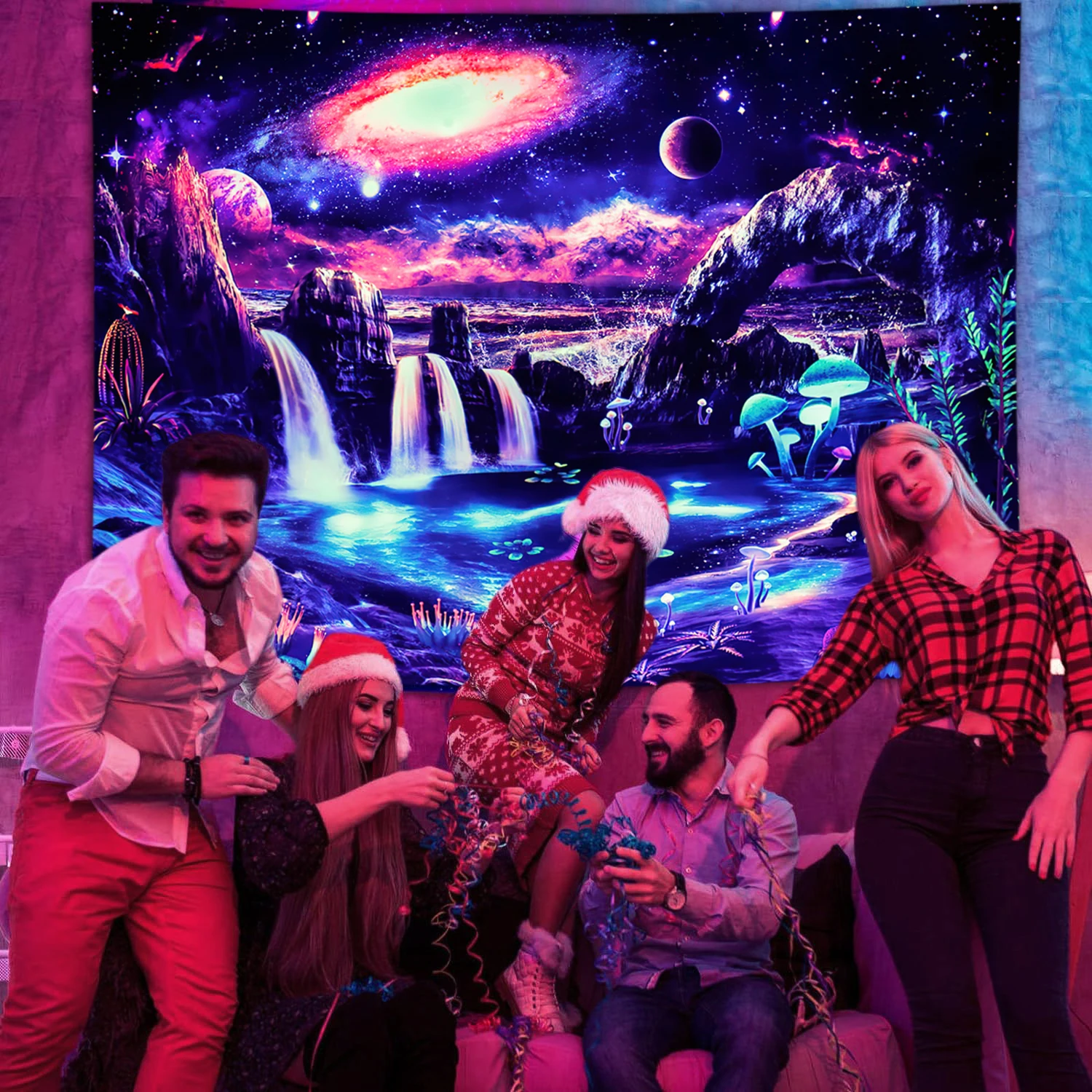 Neon Blacklight Tapestry Fantasy Mountain Waterfall Tapestries,Galaxy UV Reactive Backdrop for Artful Wall Hanging & Home Décor 4