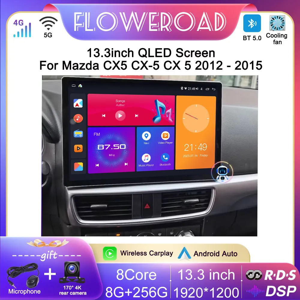 Tela do rádio do carro para Mazda, CX5, CX-5, CX 5, 2012, 2013-2015, jogador multimedia do carro, navegação de GPS, 4G, nenhum 2 din DVD, andróide 13, 13in