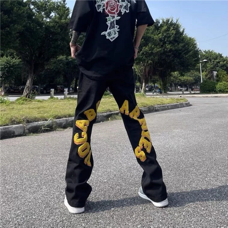 

Hip Hop Style Letter Flocked Embroidered Straight Jeans Men'S American Street High Street Loose Casual Pants