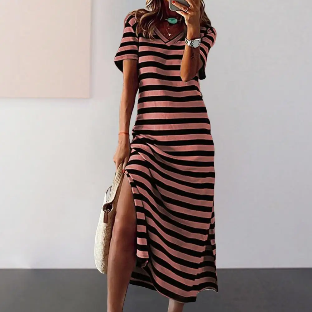 

Striped Dress Elegant V Neck Summer Midi Dress with Side Split Slim Fit Striped Print Office Lady Dress for Spring for Women