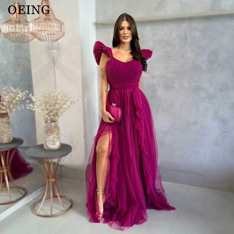 

OEING Fuchsia Prom Dresses Simple Tutu Tiered Lace Up Evening Dress Scoop Neck High Slit Wedding Party Gowns Vestidos De Noche