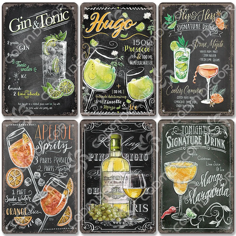 Drink Mojito Tin Sign Vintage Pina Colada Gin Tonic Metal Poster Wall Art Decor Per Bar Pub Sala Da Pranzo Casa