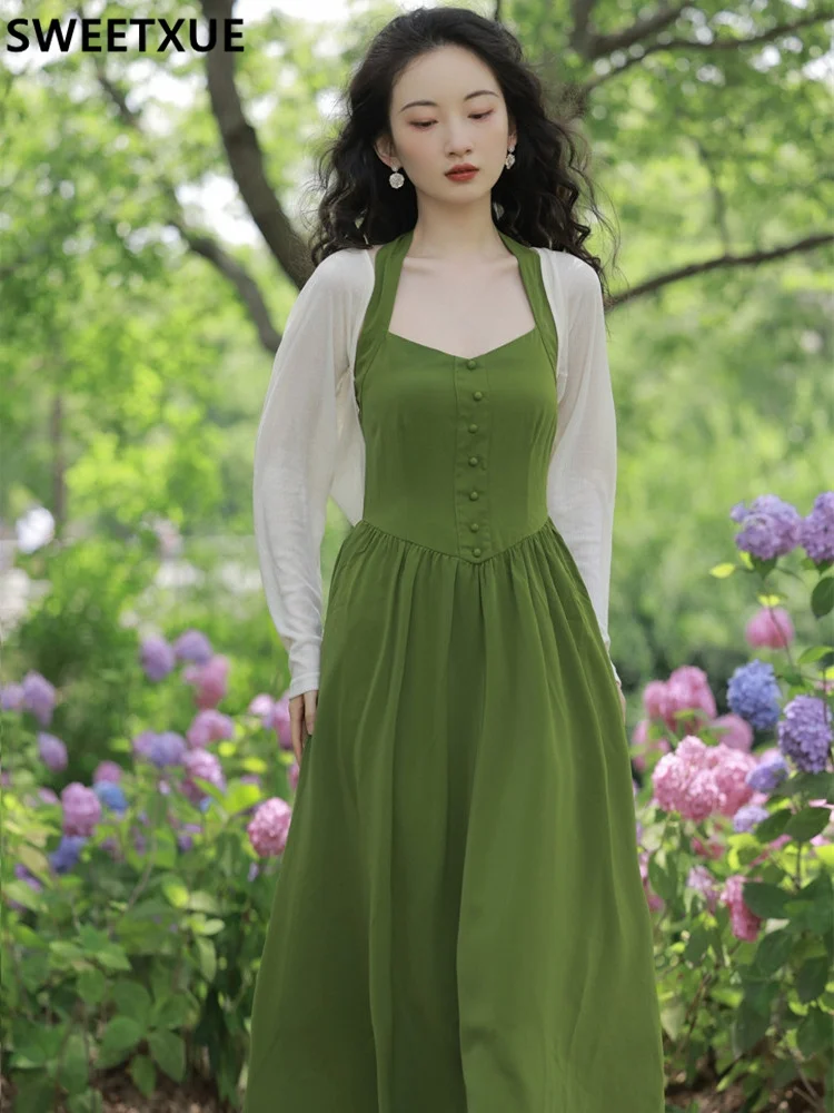 Summer Elegant Women's Vintage Gentle Chic French Green Halter Strap Dress  Casual Cardigan + Skirt Two Piece Set Lady - AliExpress