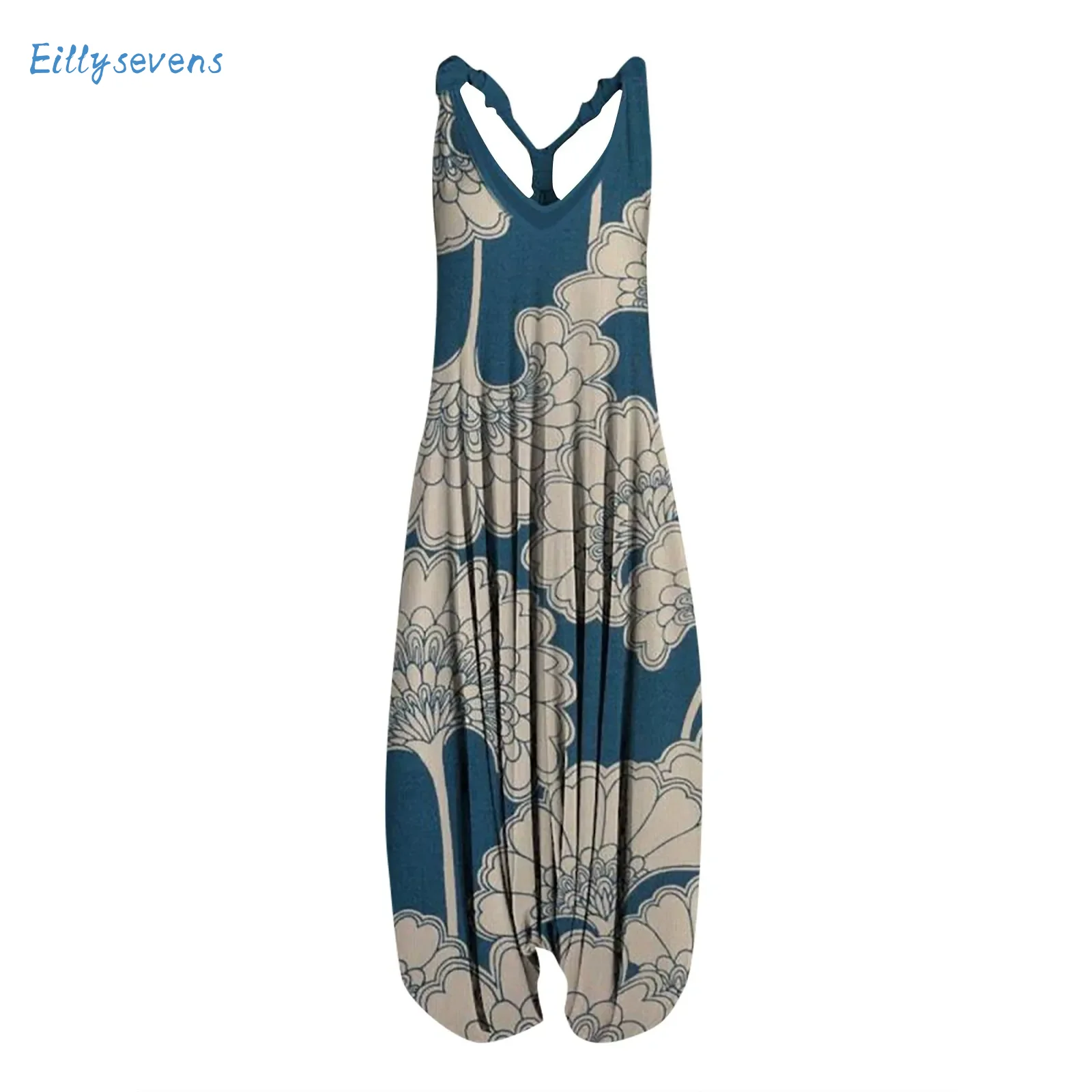 

Sleeveless Strappy Jumpsuits For Women Casual Retro Print Loose Plus Size Bib Bloomers Jumpsuits Summer Causal Comfy Jumpsuits