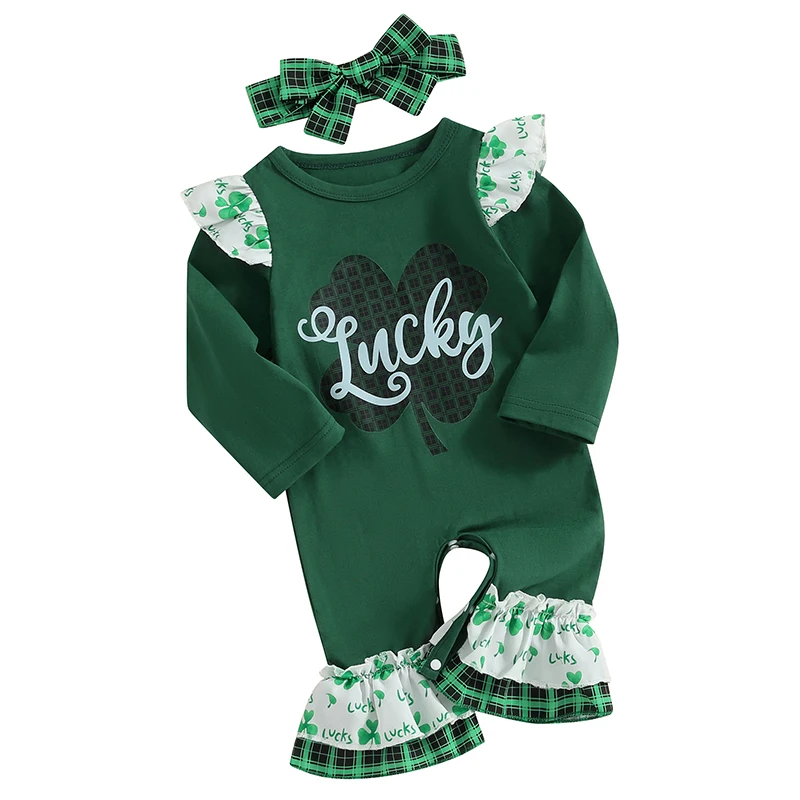 

RWYBEYW Infant Baby Girl St Patrick s Day Outfits Long Sleeve Ruffle Clover Jumpsuit Romper Headband Spring Clothes Set