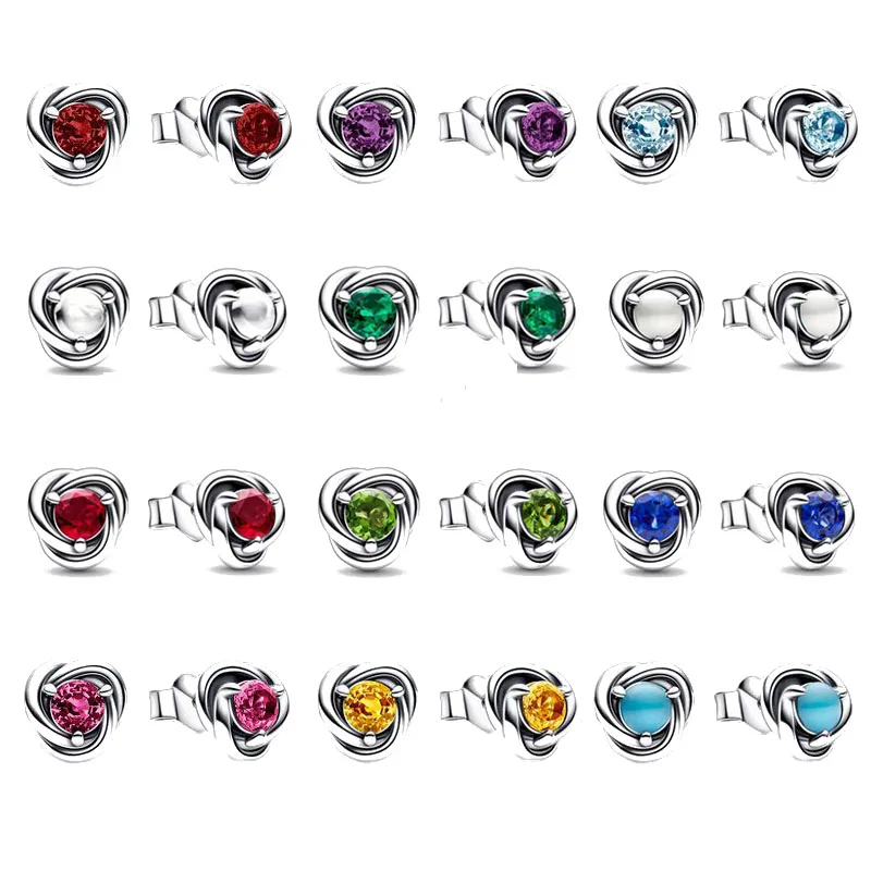 925 Silver Plated Twelve birthday stones Earrings Stud Fit Original Charms Diy For Women Accessories silver stud earrings,silver earrings,womens earrings