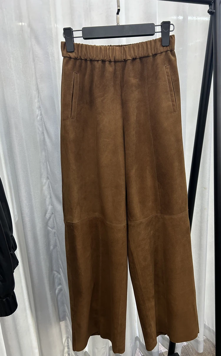 Retro 2025 Leather Ankle-Length Pants Women Elastic Waist Suede Sheepskin Wide Leg Length Straight Cylinder Trousers Black brown